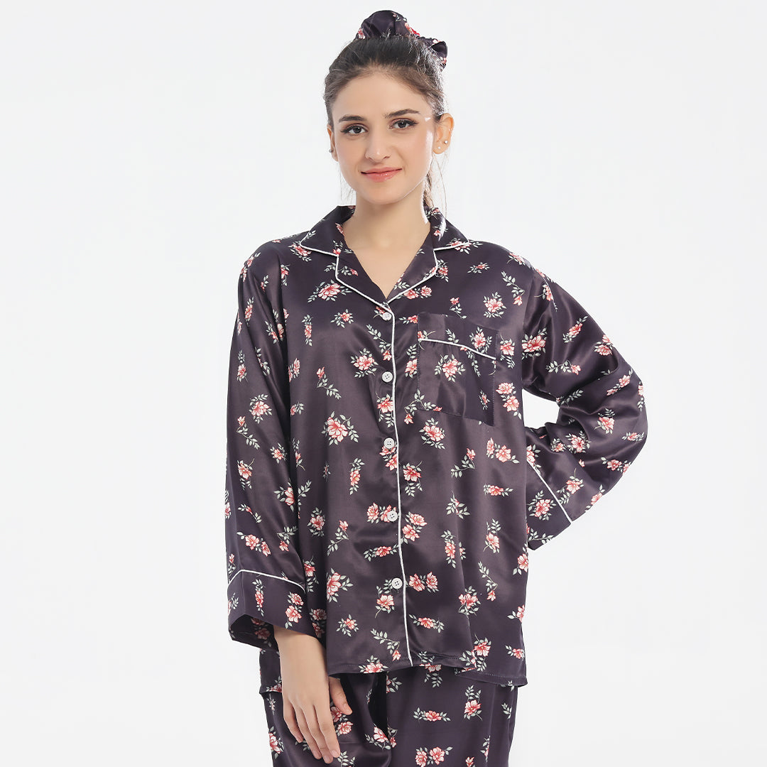Buy Sajiero Silk Pajama Suit with Scrunchie - Dark Fleur in Pakistan