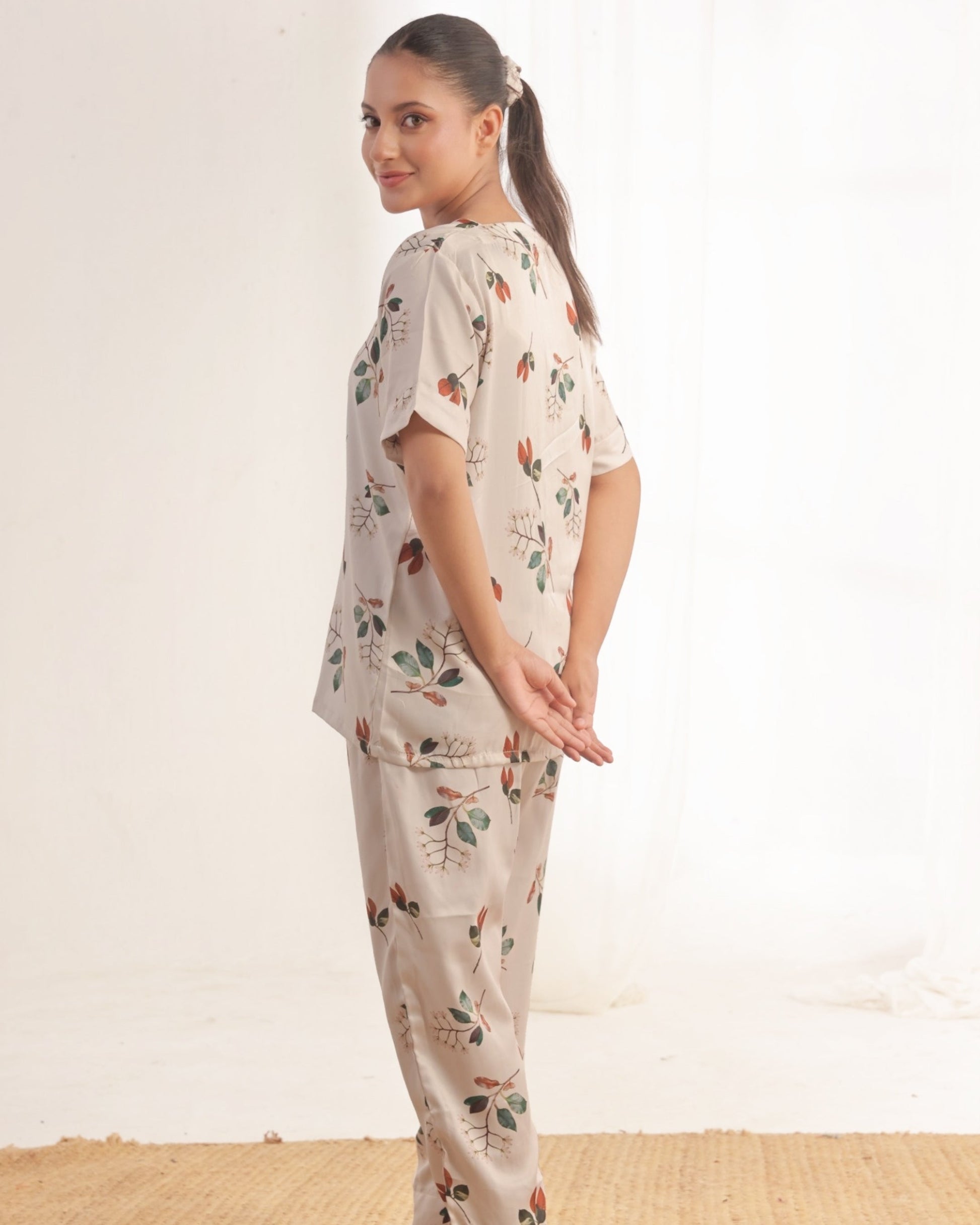 Buy Sajiero Silk Pajama Suit with Scrunchie - Lily Mist in Pakistan