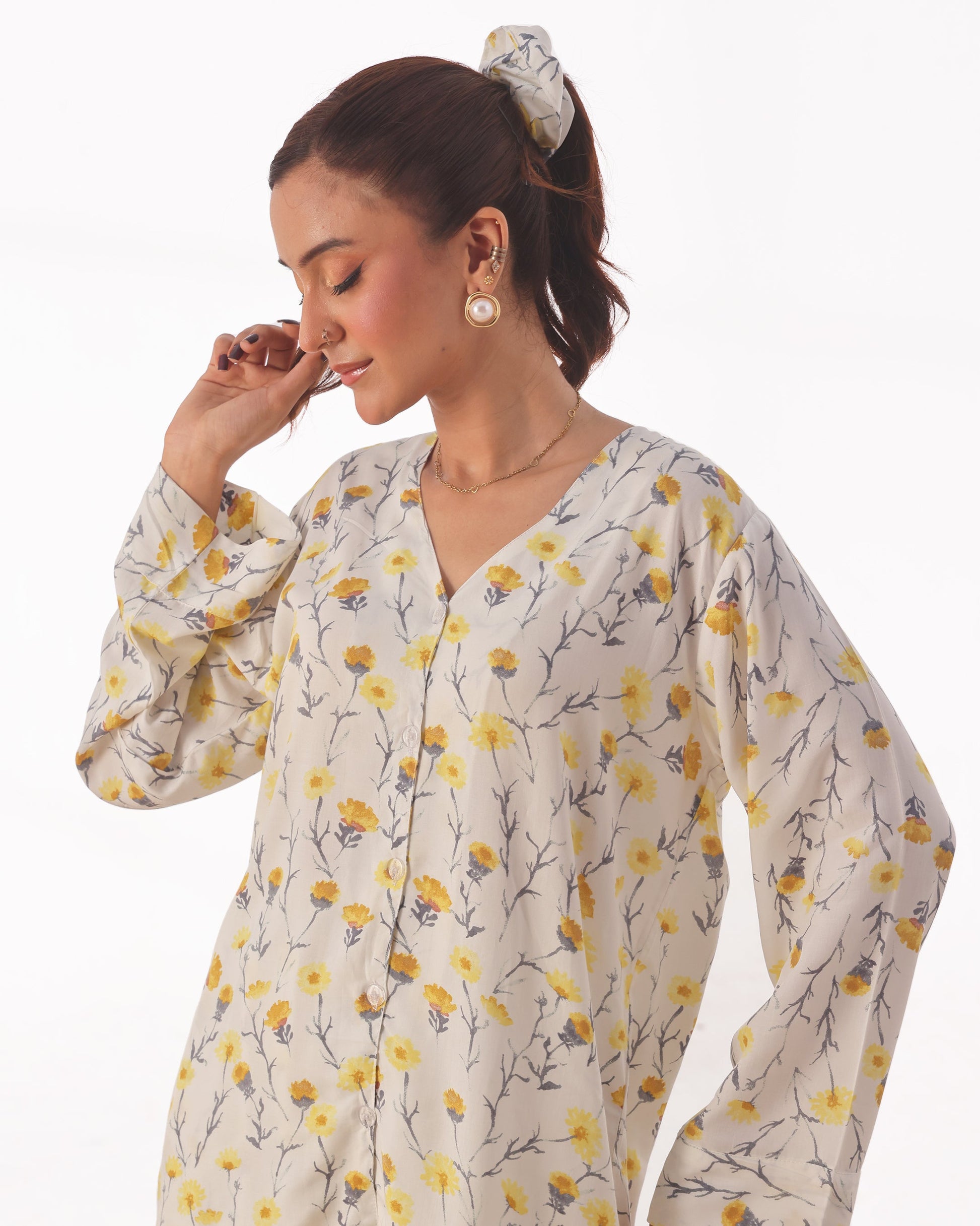 Buy Sajiero Linen Pajama Suit with Scrunchie - Sunlit Bloom in Pakistan