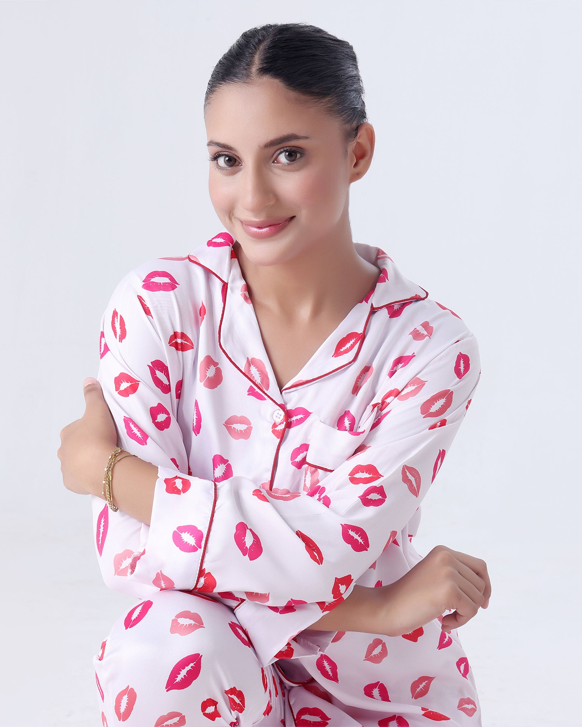 Buy Sajiero Silk Pajama Suit with Scrunchie - Lush Lips in Pakistan