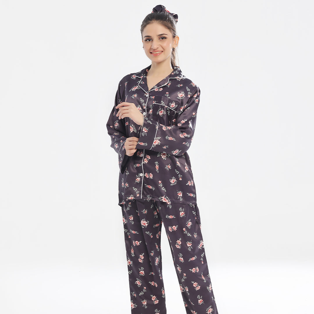 Buy Sajiero Silk Pajama Suit with Scrunchie - Dark Fleur in Pakistan