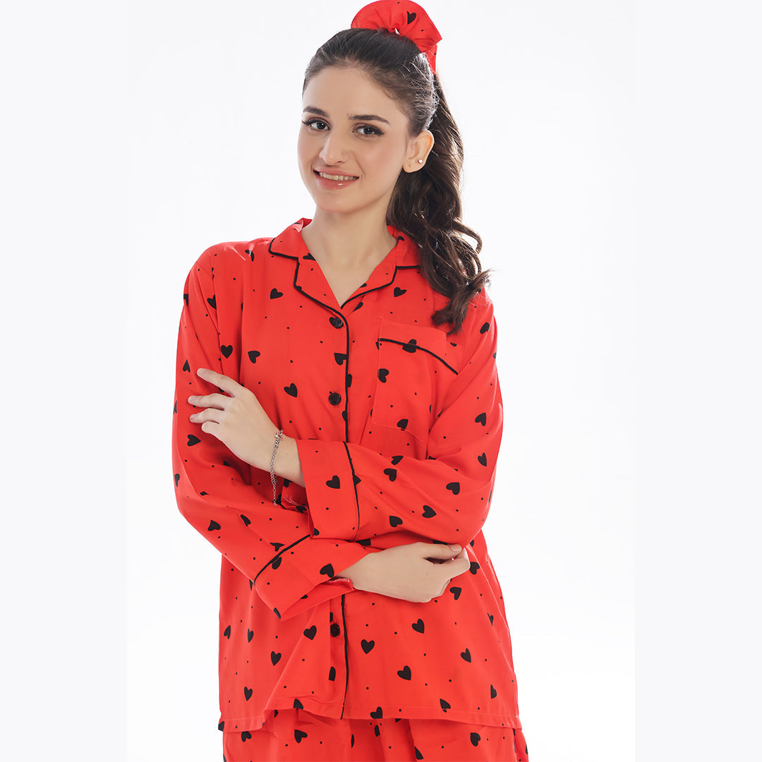 Buy Sajiero Black Hearts Linen Pajama Suit with Scrunchie in Pakistan