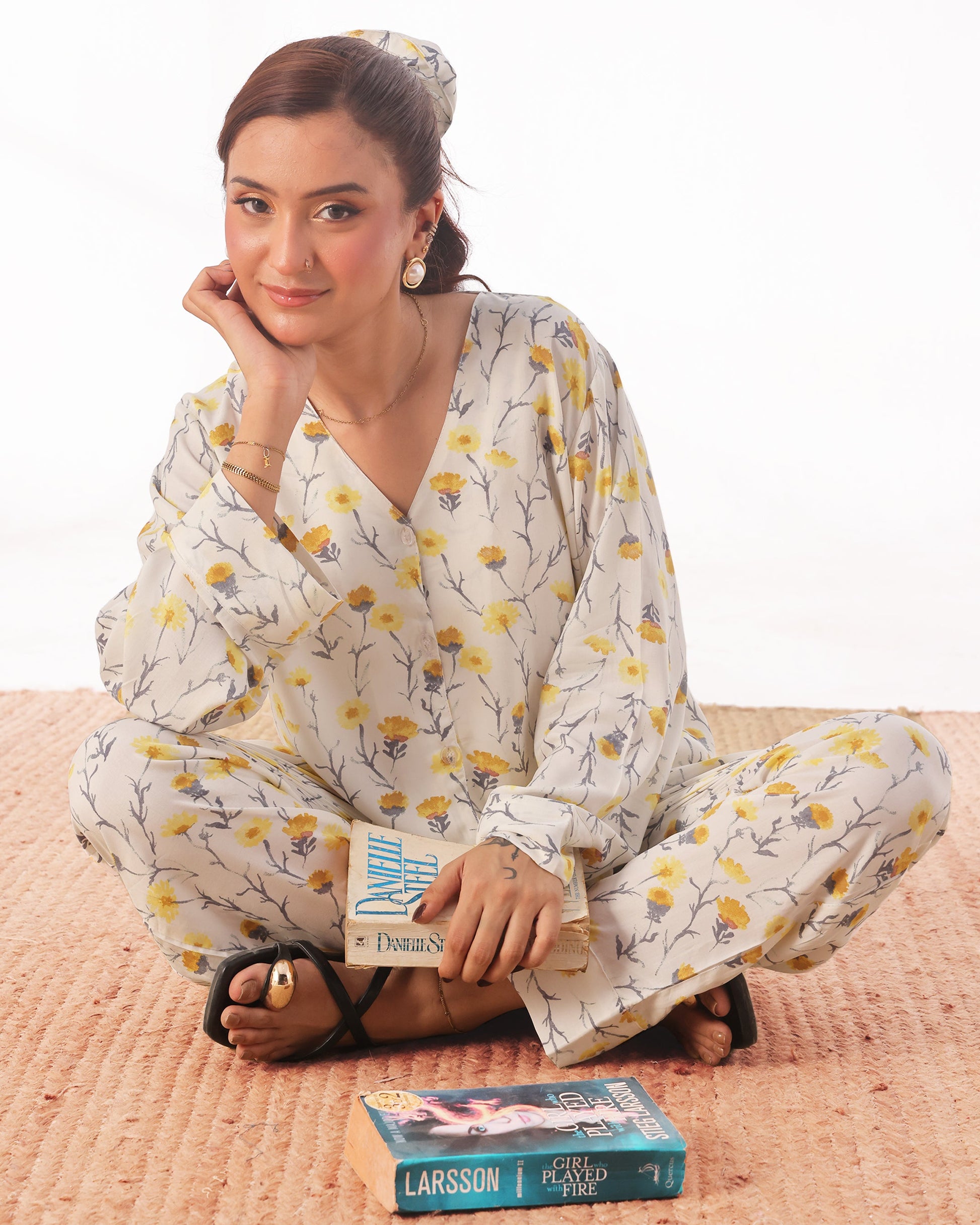 Buy Sajiero Linen Pajama Suit with Scrunchie - Sunlit Bloom in Pakistan