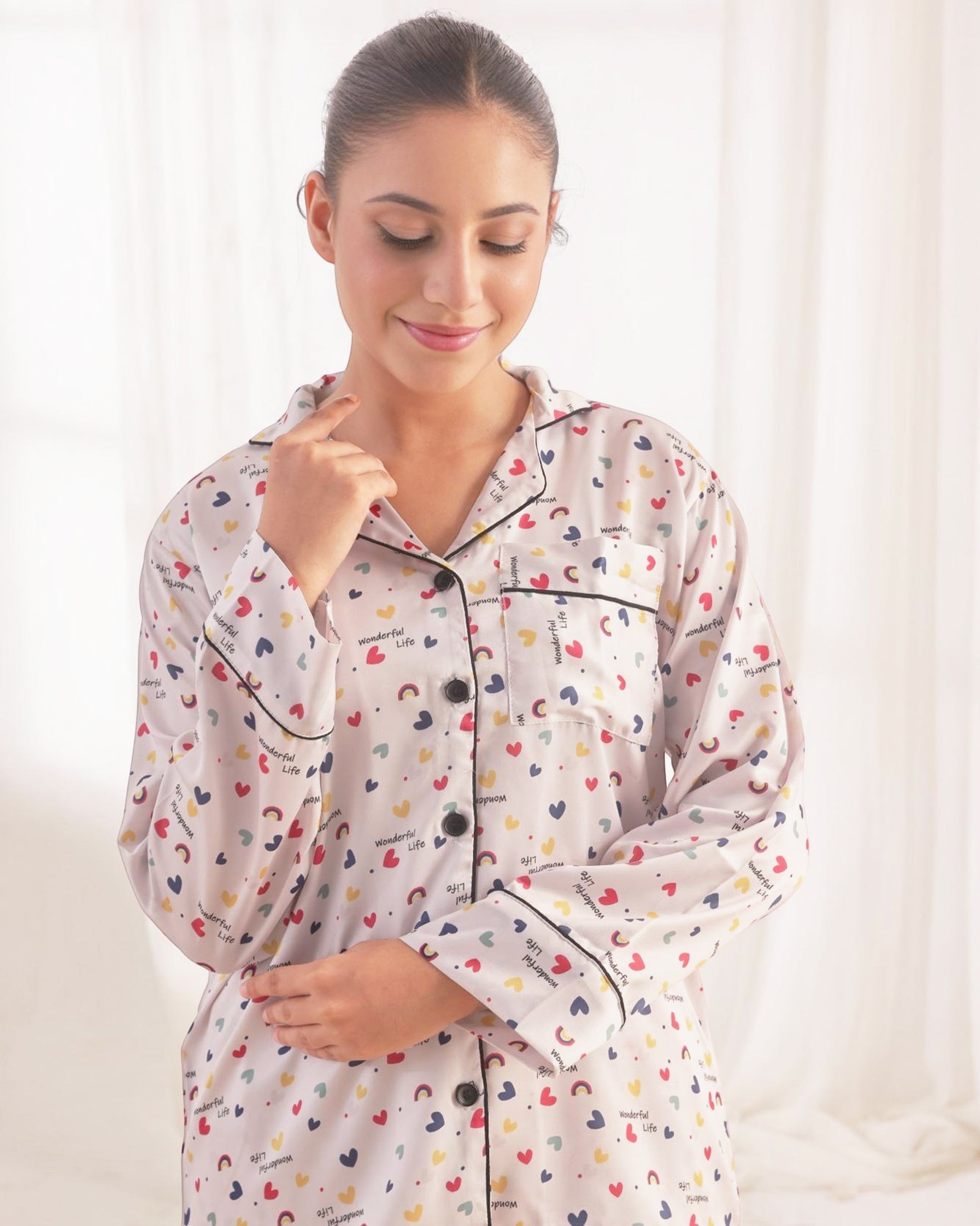 Buy Sajiero Silk Pajama Suit with Scrunchie - Joyful Hearts in Pakistan