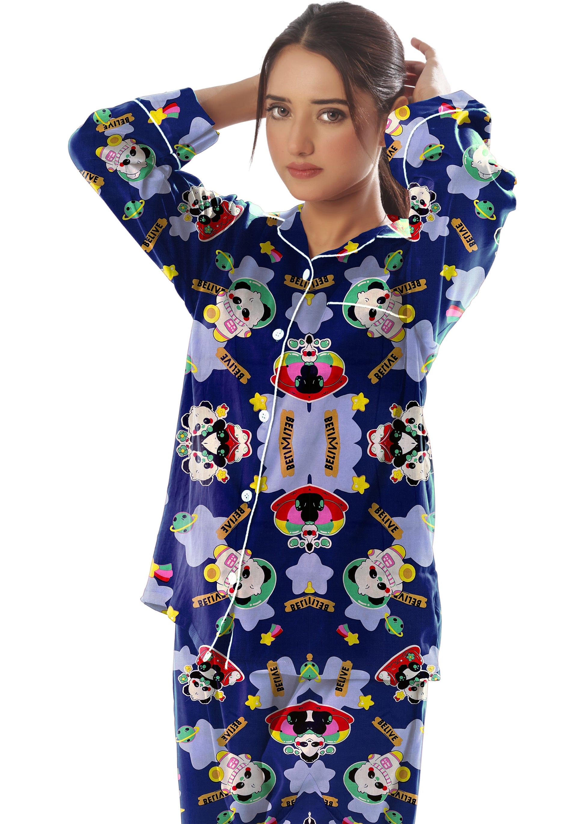Buy Sajiero Linen Pajama Suit with Scrunchie - Starry Mood in Pakistan