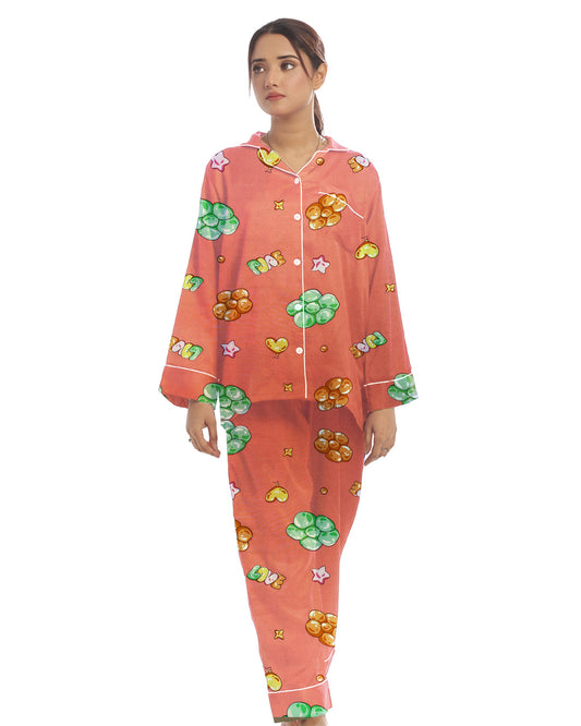 Buy Sajiero Linen Pajama Suit with Scrunchie - Peach Bliss in Pakistan