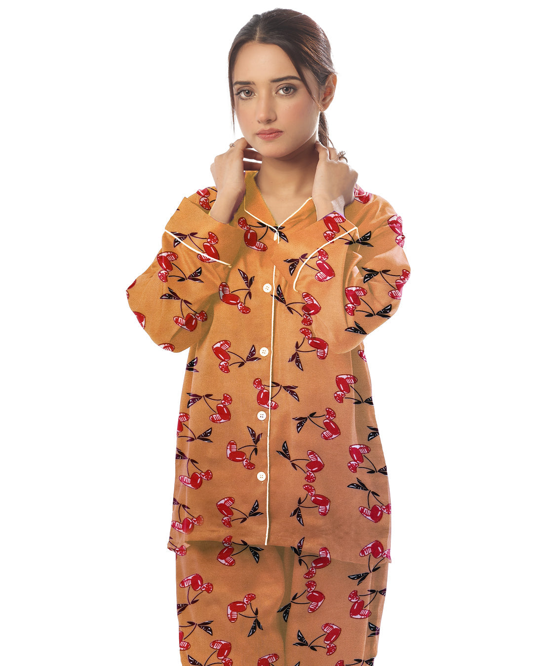 Buy Sajiero Linen Pajama Suit with Scrunchie - Peach Berry in Pakistan