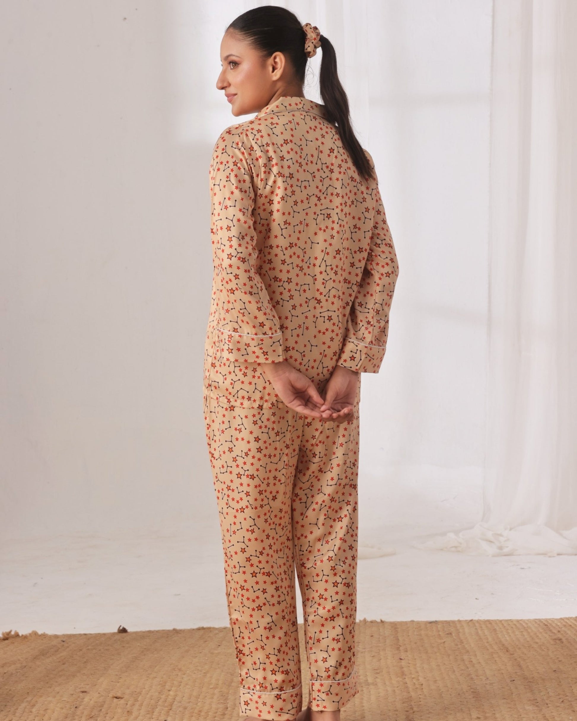 Buy Sajiero Silk Pajama Suit with Scrunchie - Cosmic Calm in Pakistan
