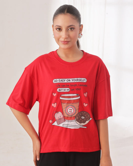 Buy Sajiero Drop Shoulder Graphic Tee - Go Easy Red in Pakistan