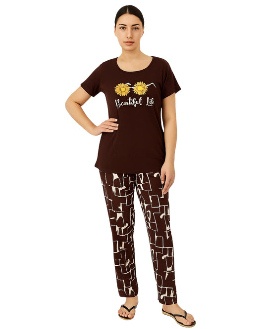 Buy Sajiero Cotton PJ Set - Mocha Bloom in Pakistan