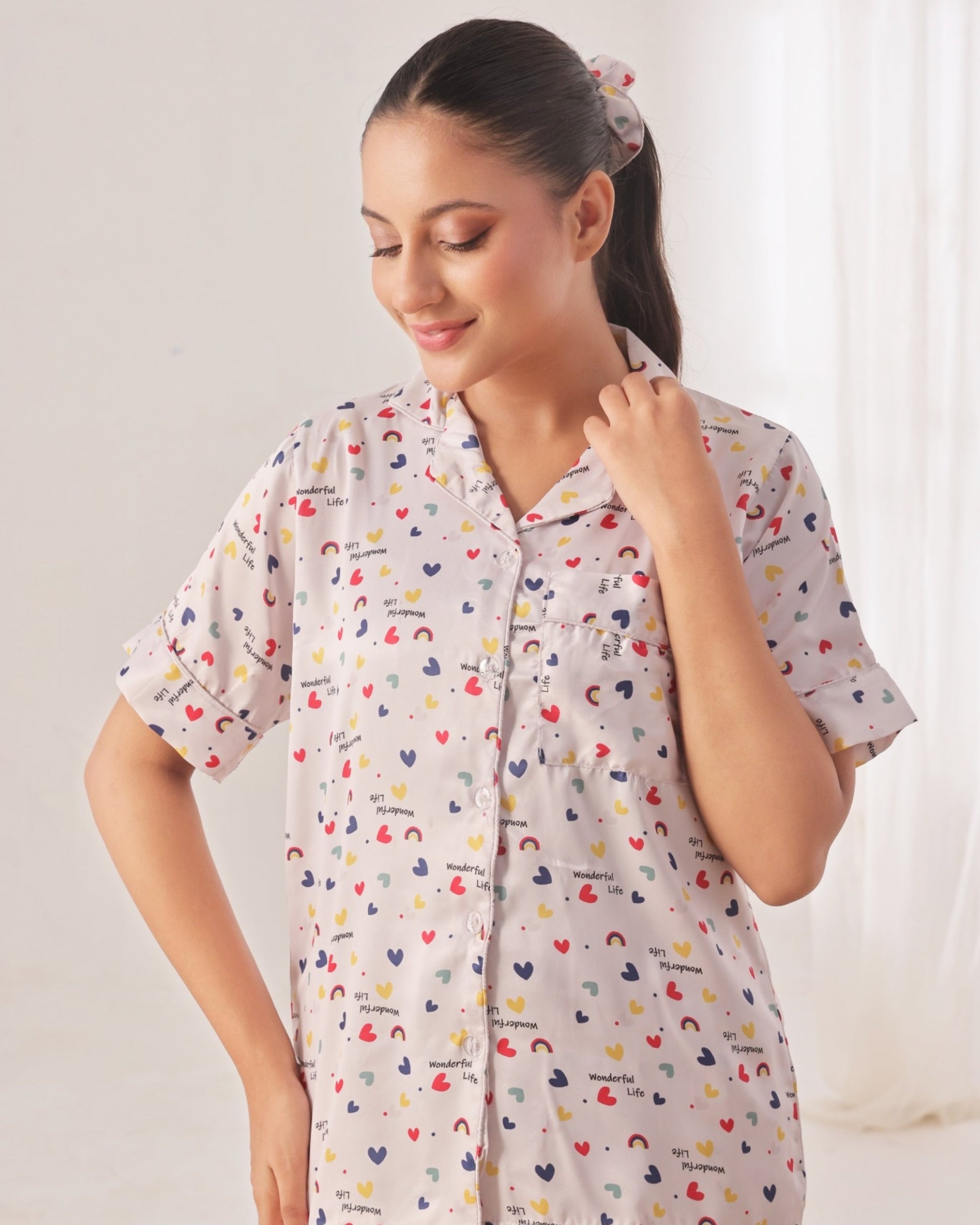 Buy Sajiero Silk Pajama Suit with Scrunchie - Rainbow Bliss in Pakistan