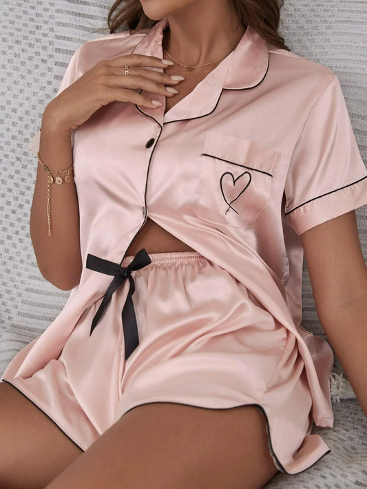 Buy SHEIN 1 Set Heart Embroidery Contrast Binding Satin PJ Set / Pajama Set in Pakistan