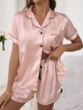 Buy SHEIN 1 Set Heart Embroidery Contrast Binding Satin PJ Set / Pajama Set in Pakistan