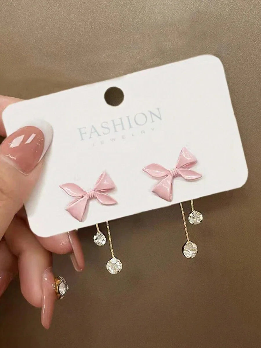Buy SHEIN 1pair Pink Bowknot Tassel Long Earrings With Rhinestone For Women in Pakistan