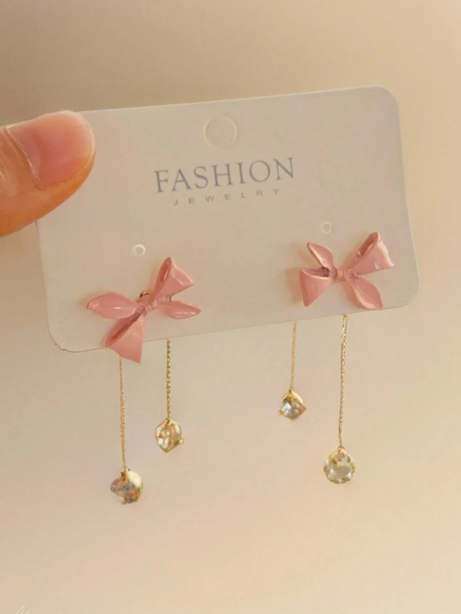 Buy SHEIN 1pair Pink Bowknot Tassel Long Earrings With Rhinestone For Women in Pakistan