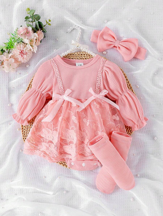 Buy SHEIN 1pc Baby Girl Elegant Lace Patchwork Bodysuit With Headband & Socks, Autumn/Winter in Pakistan