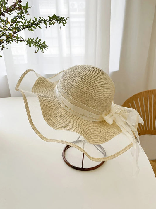 Buy SHEIN 1pc Bohemian Heart & Slogan Graphic Bow Decor Straw Hat For Summer Beach Boho in Pakistan