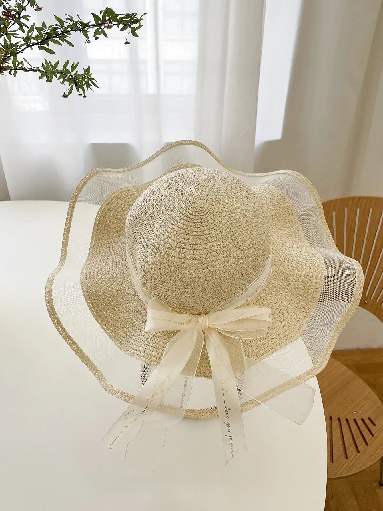 Buy SHEIN 1pc Bohemian Heart & Slogan Graphic Bow Decor Straw Hat For Summer Beach Boho in Pakistan