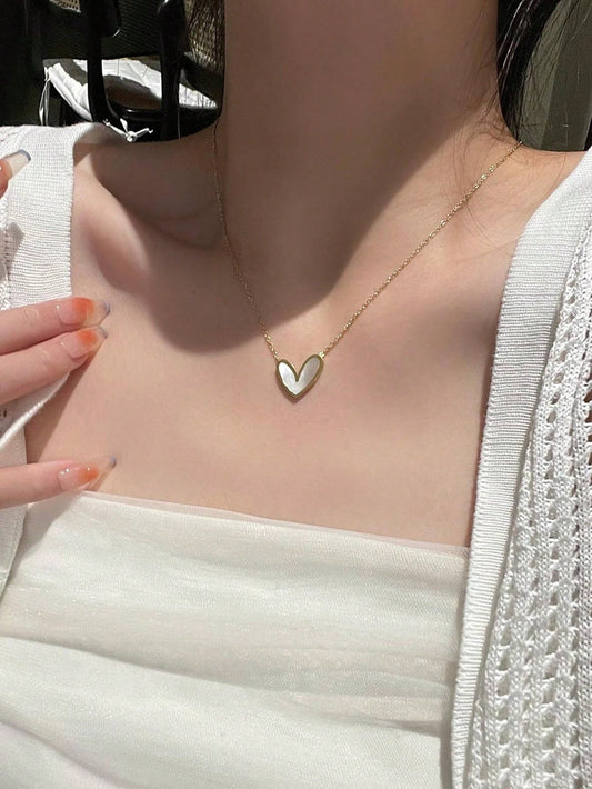 Buy SHEIN 1pc Golden Plated Stainless Steel Necklace With White Acrylic Heart Pendant in Pakistan