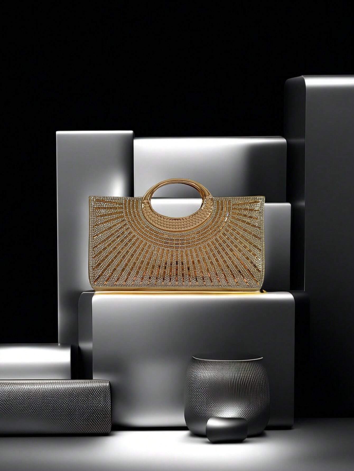Buy SHEIN 1pc Luxury Rhinestone Chain Shoulder Bag, Evening Party Gold Stripes Clutch For Women in Pakistan
