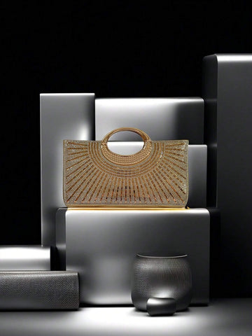 Buy SHEIN 1pc Luxury Rhinestone Chain Shoulder Bag, Evening Party Gold Stripes Clutch For Women in Pakistan
