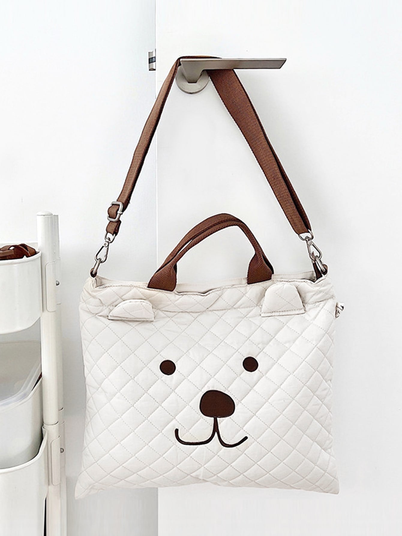 Buy SHEIN 1pc Quilted Diaper Bag With Embroidered Cartoon Bear Design, White, Portable Maternity Travel Bag With Detachable Shoulder Strap For Mommy in Pakistan