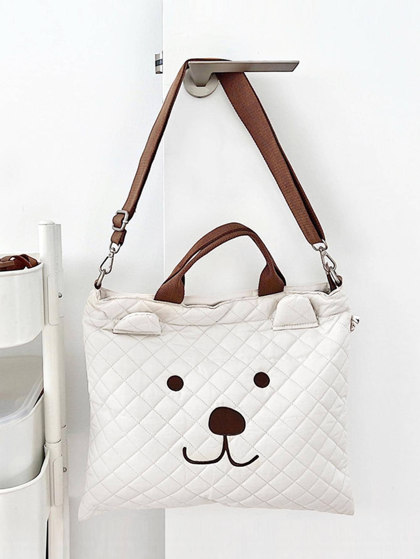 Buy SHEIN 1pc Quilted Diaper Bag With Embroidered Cartoon Bear Design, White, Portable Maternity Travel Bag With Detachable Shoulder Strap For Mommy in Pakistan