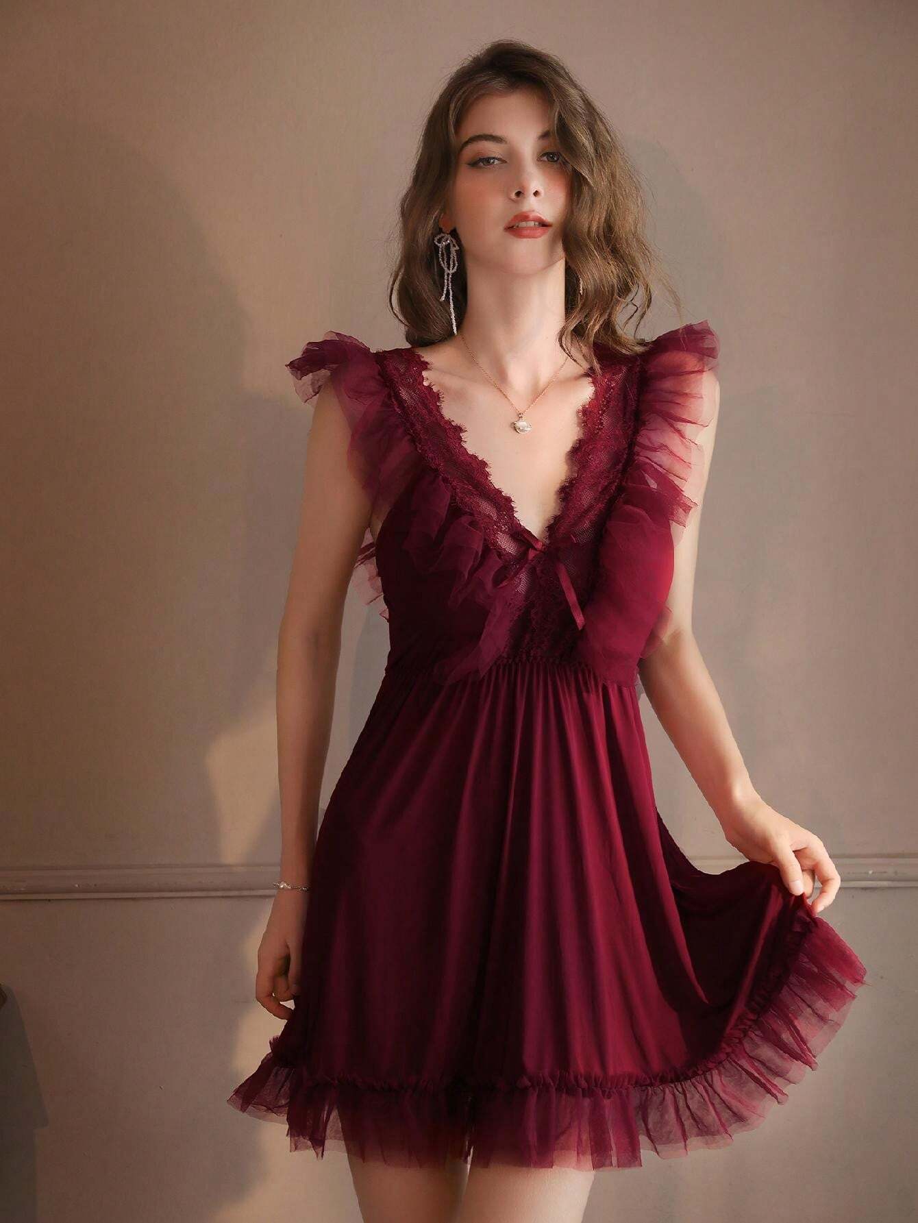 Buy SHEIN 1pc Sexy Lace Patchwork Sheer Mesh Suspender Nightgown, Women Christmas Party Sleepwear in Pakistan