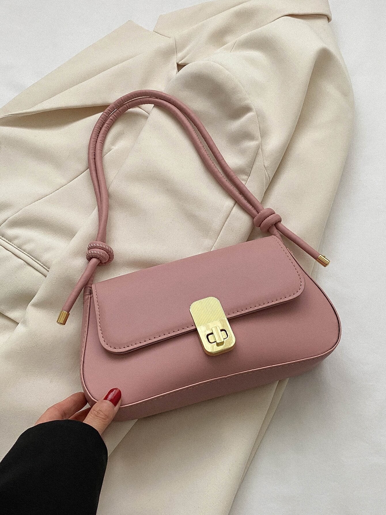 Buy 1pc Solid Color Pu Shoulder Bag With Metal Lock And Adjustable Strap in Pakistan