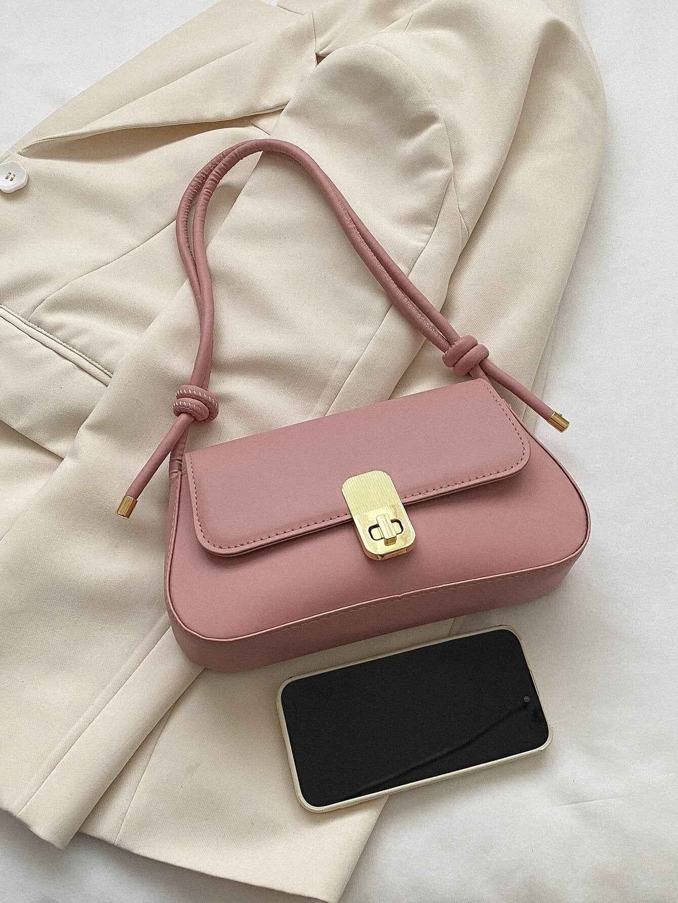 Buy 1pc Solid Color Pu Shoulder Bag With Metal Lock And Adjustable Strap in Pakistan