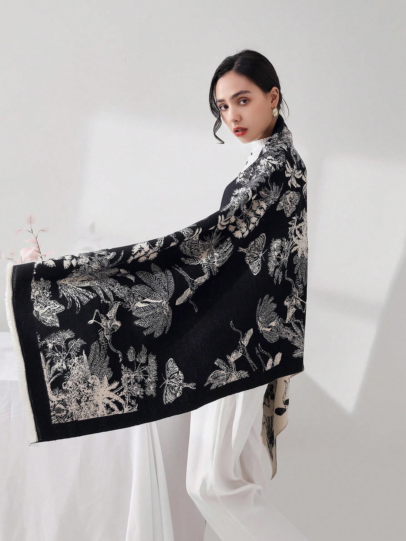 Buy SHEIN 1pc Women's Black Floral Styled Retro Tasseled Raised Pattern Faux Cashmere in Pakistan