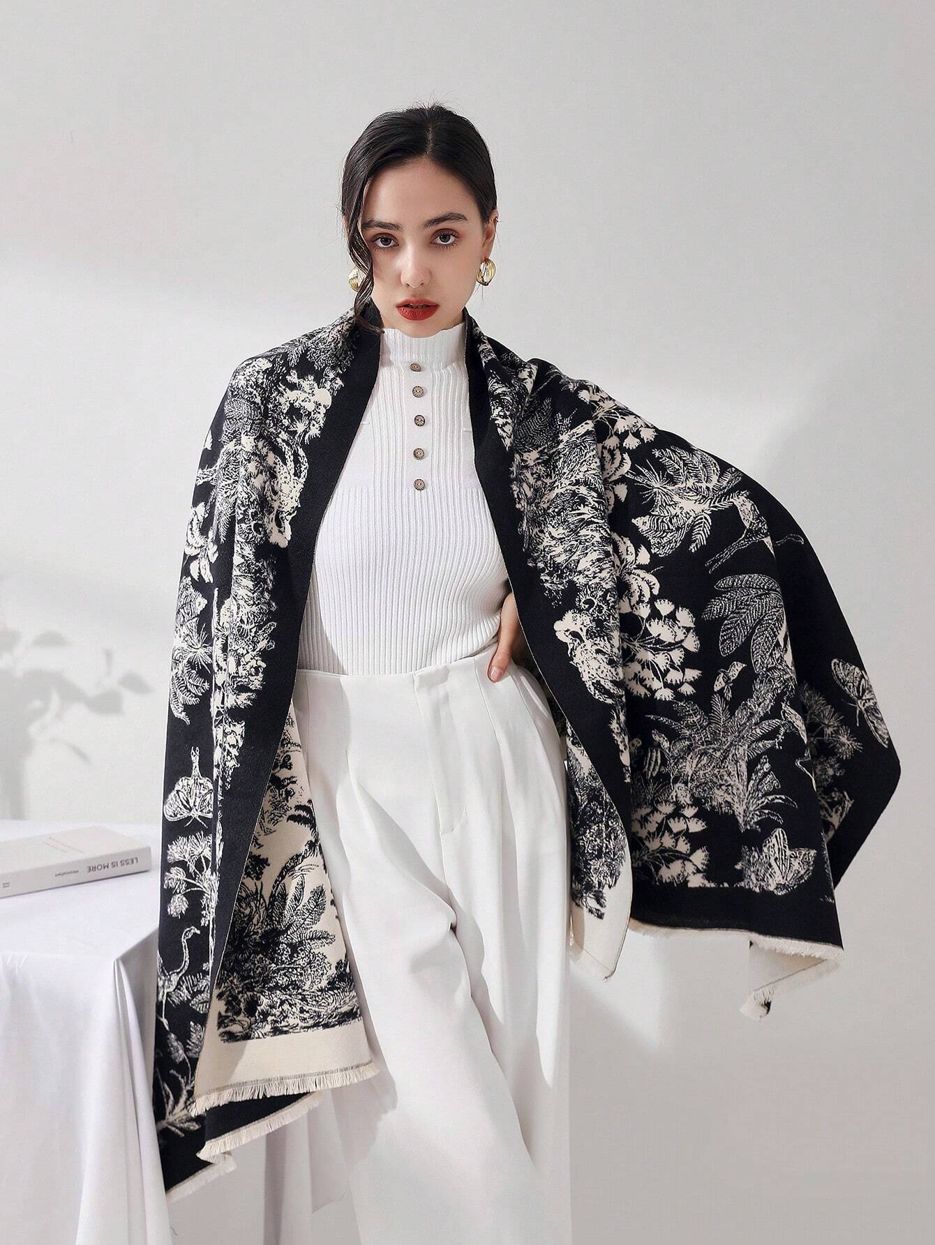 Buy SHEIN 1pc Women's Black Floral Styled Retro Tasseled Raised Pattern Faux Cashmere in Pakistan