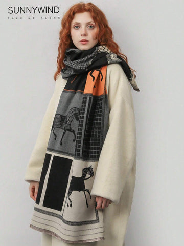Buy SHEIN 1pc Women's Elegant & Stylish Splicing Horse Pattern Classic Scarf For Outdoor Accessories Women Winter Fall in Pakistan