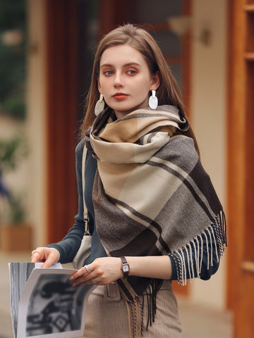 Buy SHEIN 1pc Women's Multicolor Plaid Tassel Design Faux Cashmere Warm Fashion Poncho Scarf, Plus Size Suitable For Daily Use in Pakistan