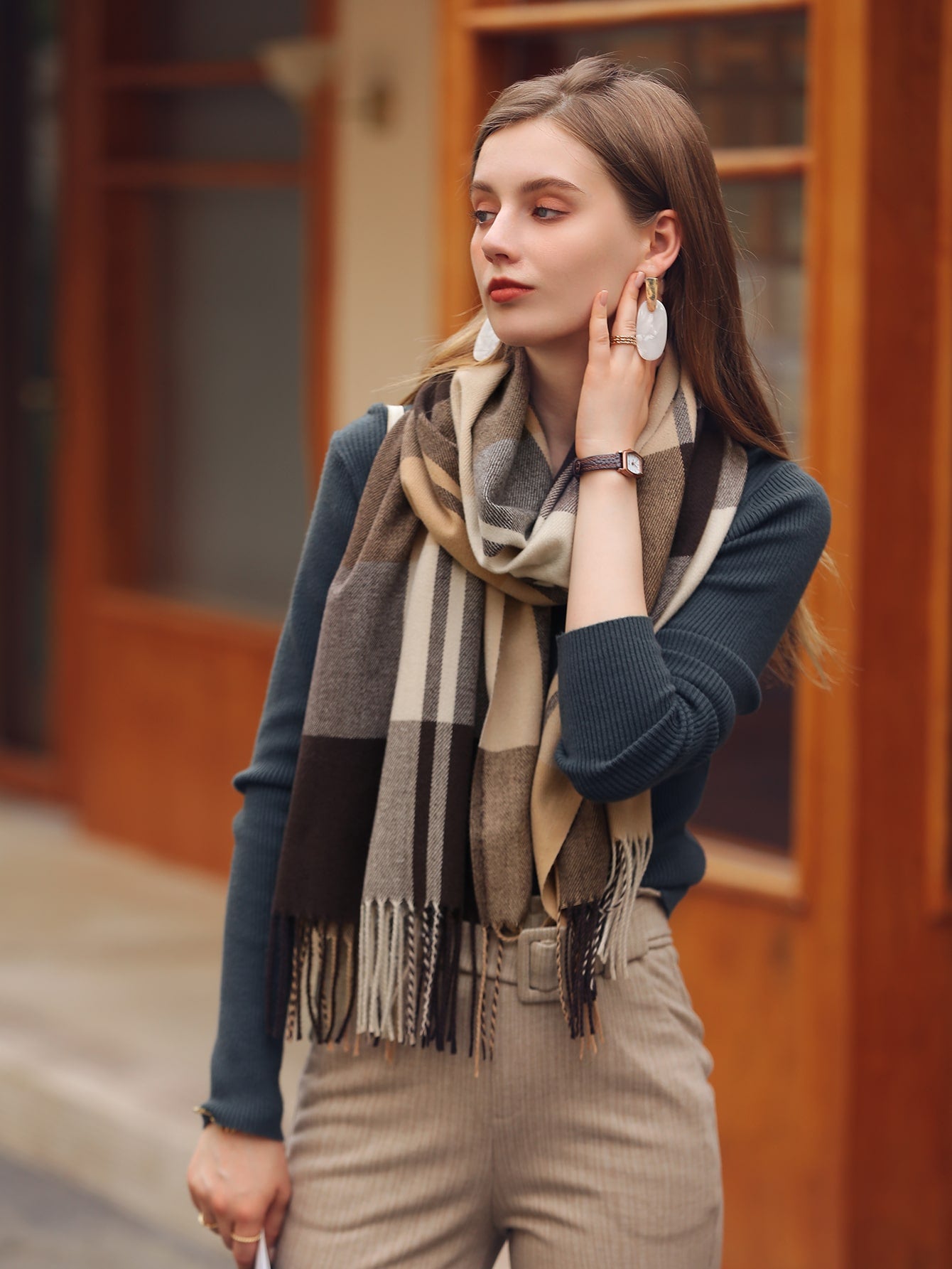 Buy SHEIN 1pc Women's Multicolor Plaid Tassel Design Faux Cashmere Warm Fashion Poncho Scarf, Plus Size Suitable For Daily Use in Pakistan