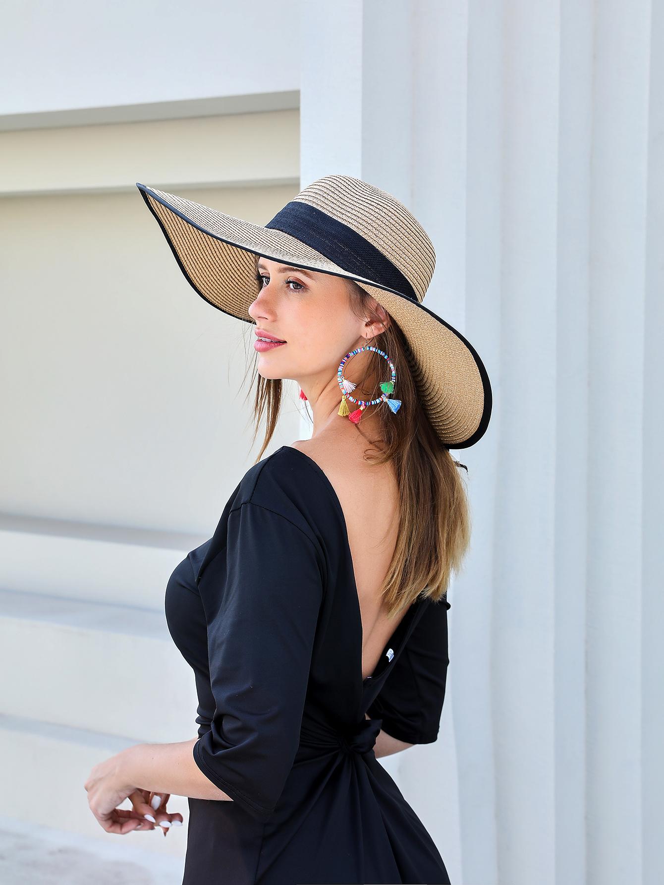 Buy SHEIN 1pc Women's Wide Brim Straw Hat With Ribbon Bow in Pakistan