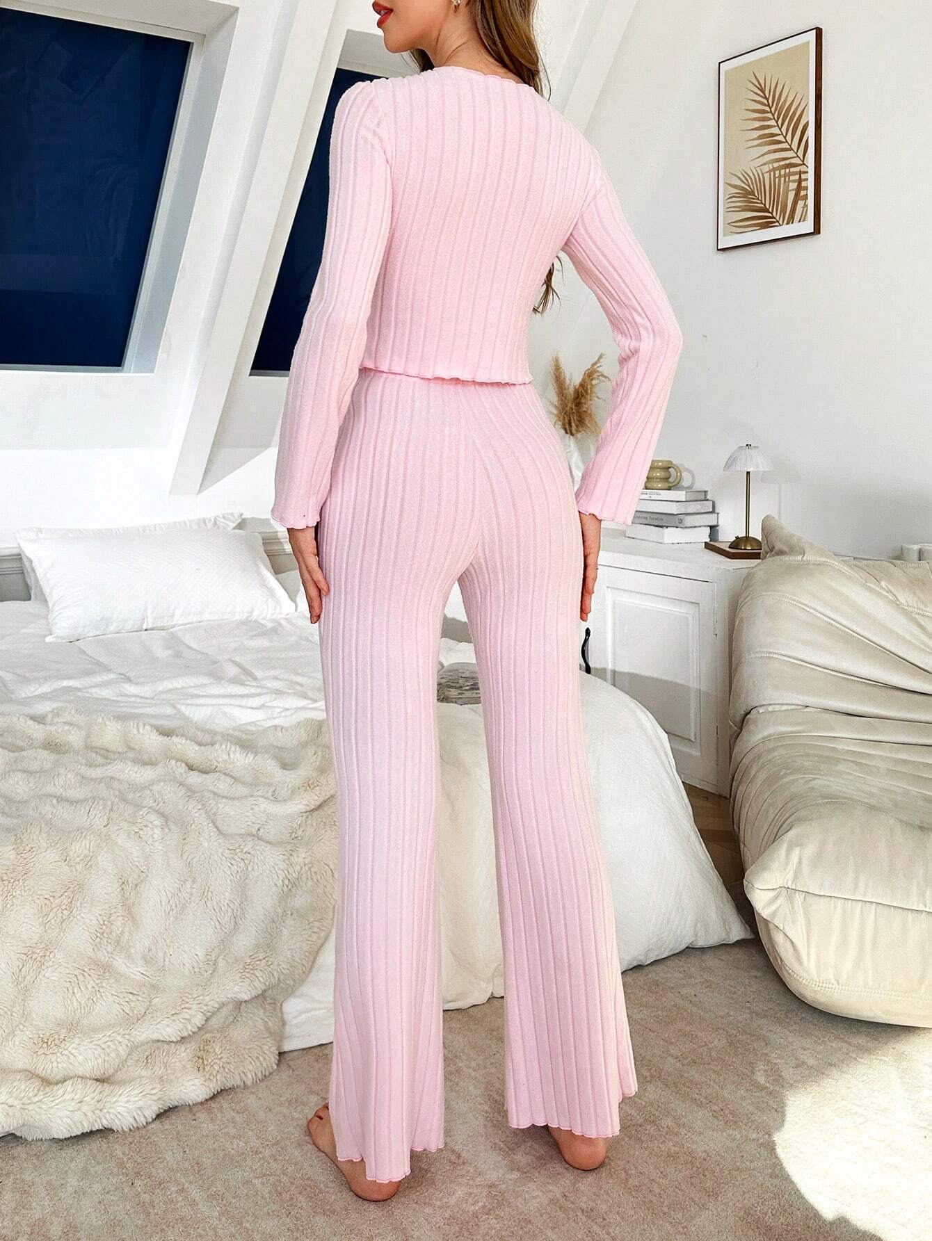 Buy SHEIN 1set Women Solid Color Fleece V-Neck Fitted Long Sleeve Top And Pants Pajama Set in Pakistan