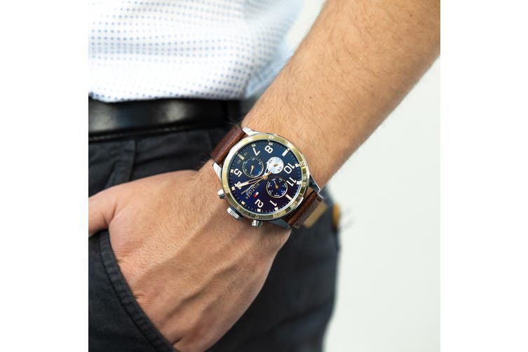 Buy Tommy Hilfiger Mens Quartz Brown Leather Strap Blue Dial 46mm Watch - 1791137 in Pakistan