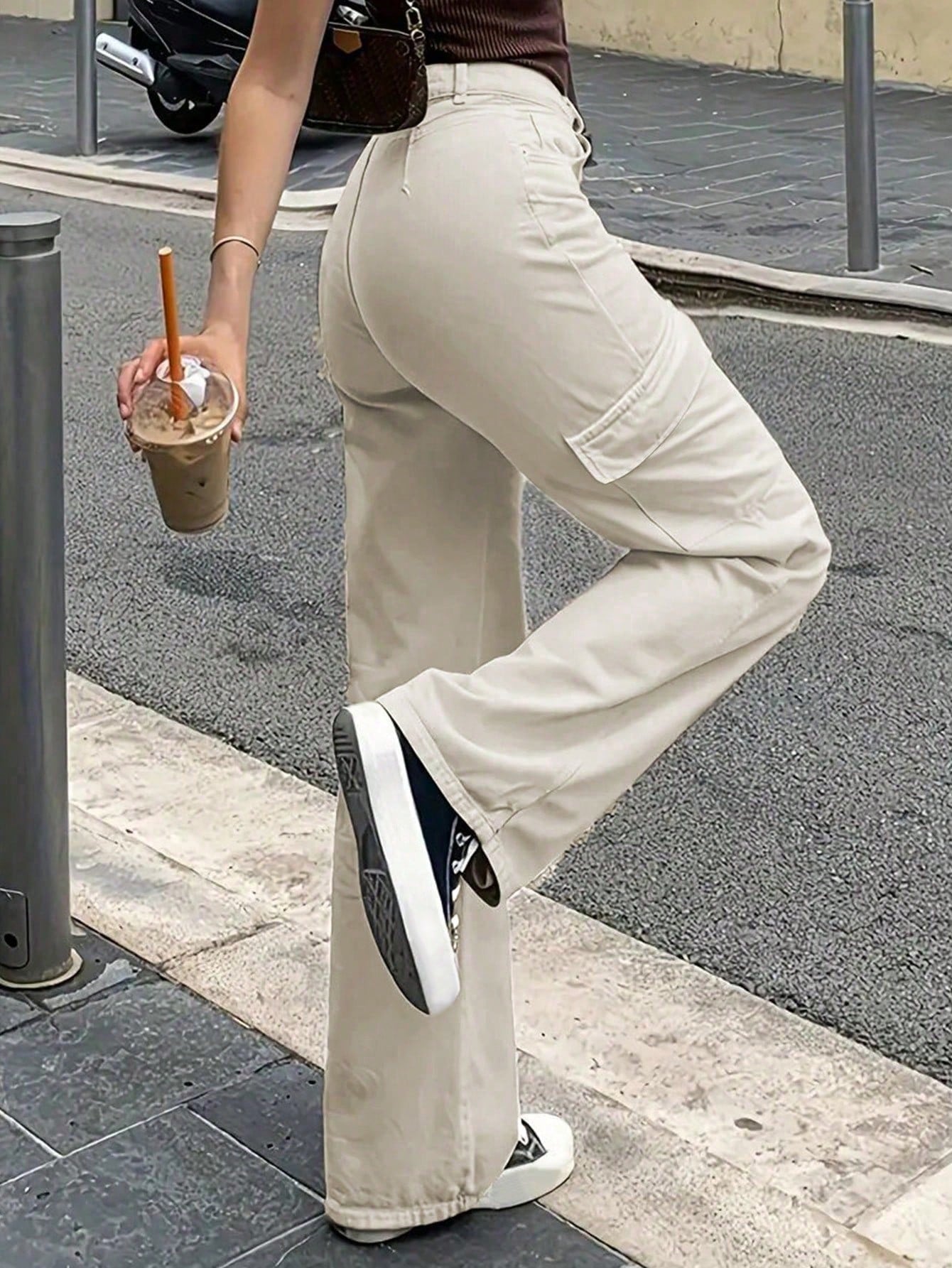 Buy SHEIN 2024 Women's Retro Casual Solid Color Side Pockets Straight-Leg Cargo Pants in Pakistan