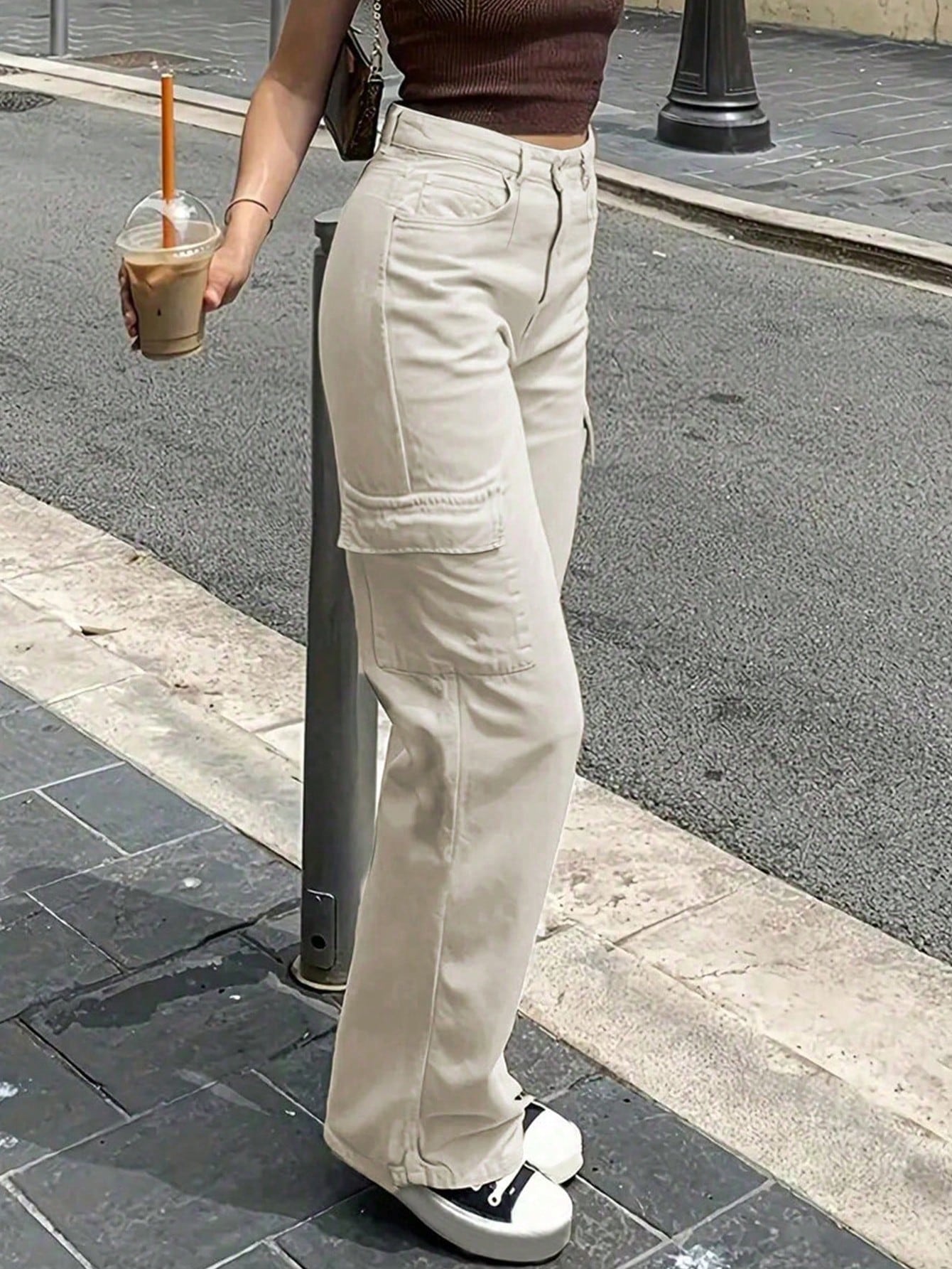 Buy SHEIN 2024 Women's Retro Casual Solid Color Side Pockets Straight-Leg Cargo Pants in Pakistan