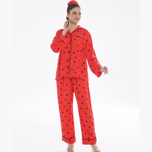 Buy Sajiero Black Hearts Linen Pajama Suit with Scrunchie in Pakistan