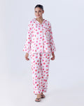 Buy Sajiero Silk Pajama Suit with Scrunchie - Lush Lips in Pakistan