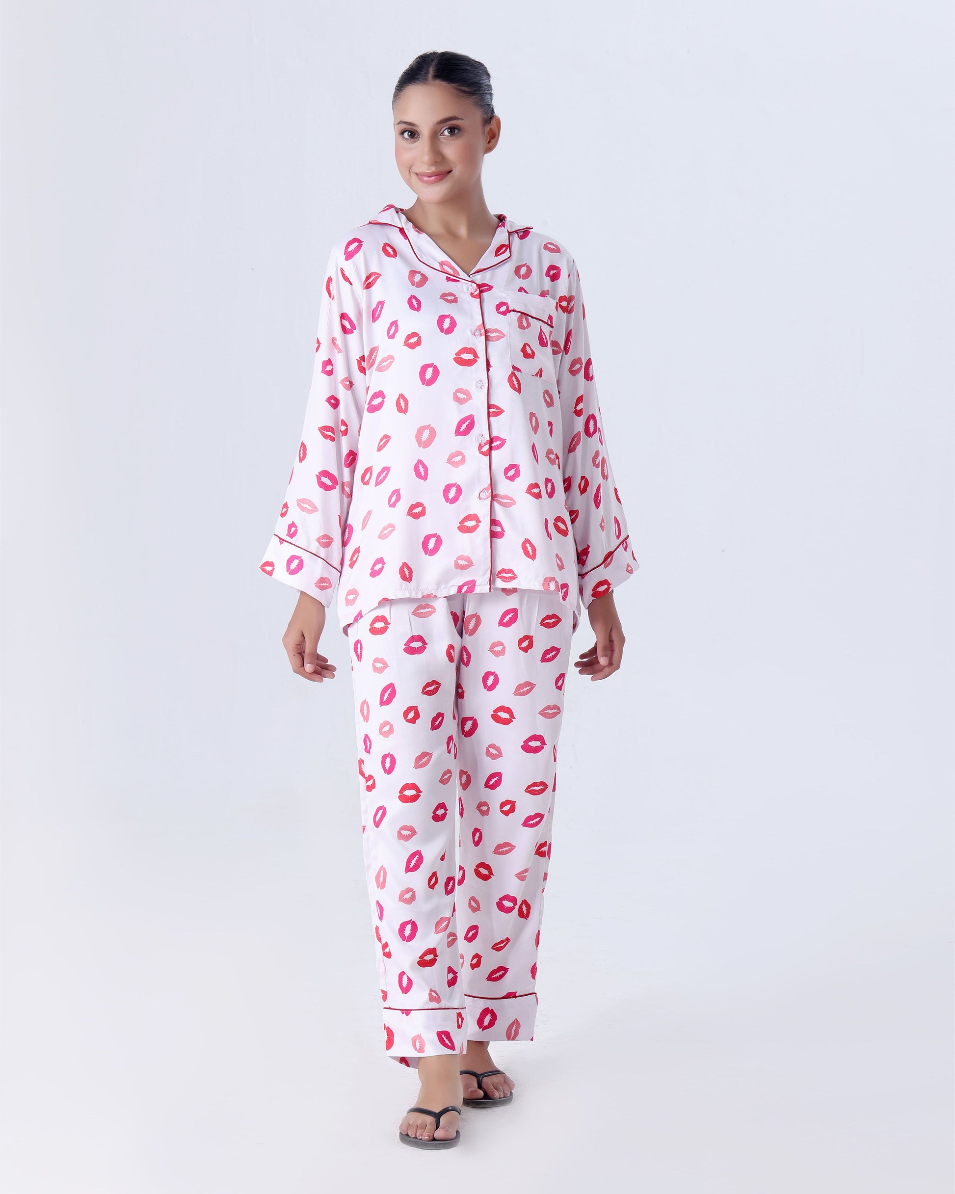 Buy Sajiero Silk Pajama Suit with Scrunchie - Lush Lips in Pakistan
