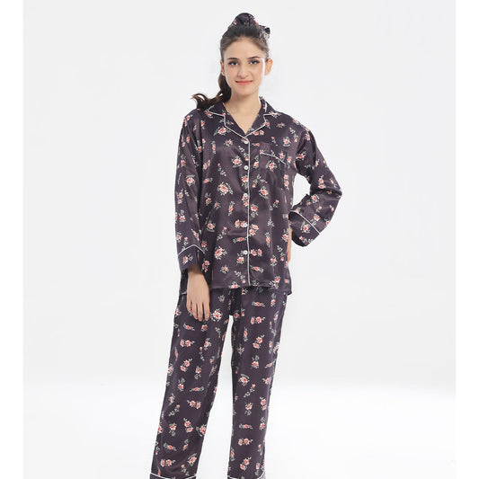 Buy Sajiero Silk Pajama Suit with Scrunchie - Dark Fleur in Pakistan