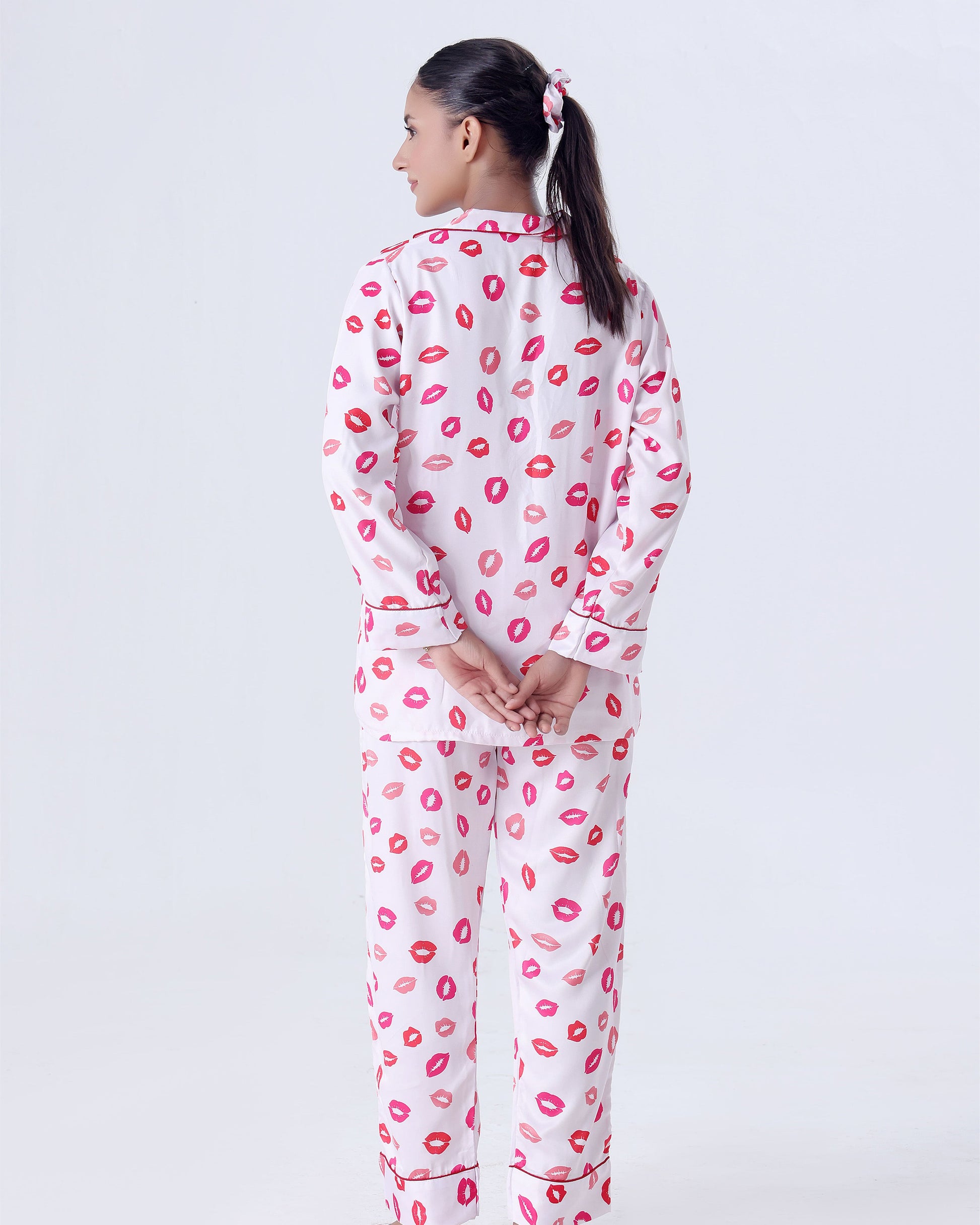 Buy Sajiero Silk Pajama Suit with Scrunchie - Lush Lips in Pakistan