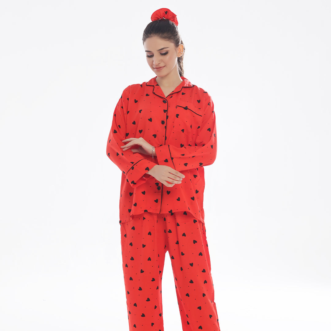 Buy Sajiero Black Hearts Linen Pajama Suit with Scrunchie in Pakistan