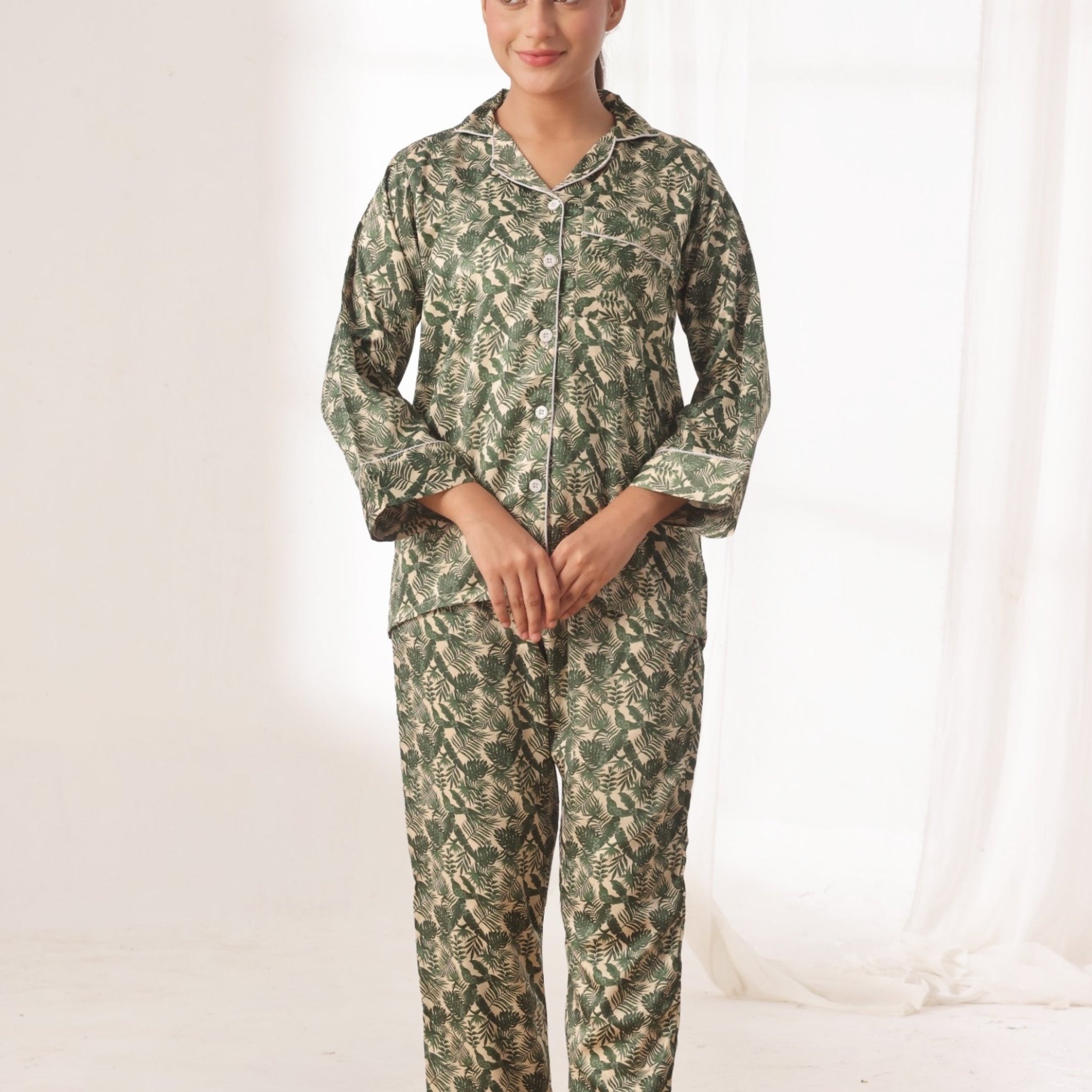 Buy Sajiero Silk Pajama Suit with Scrunchie - Leaf Lounge in Pakistan