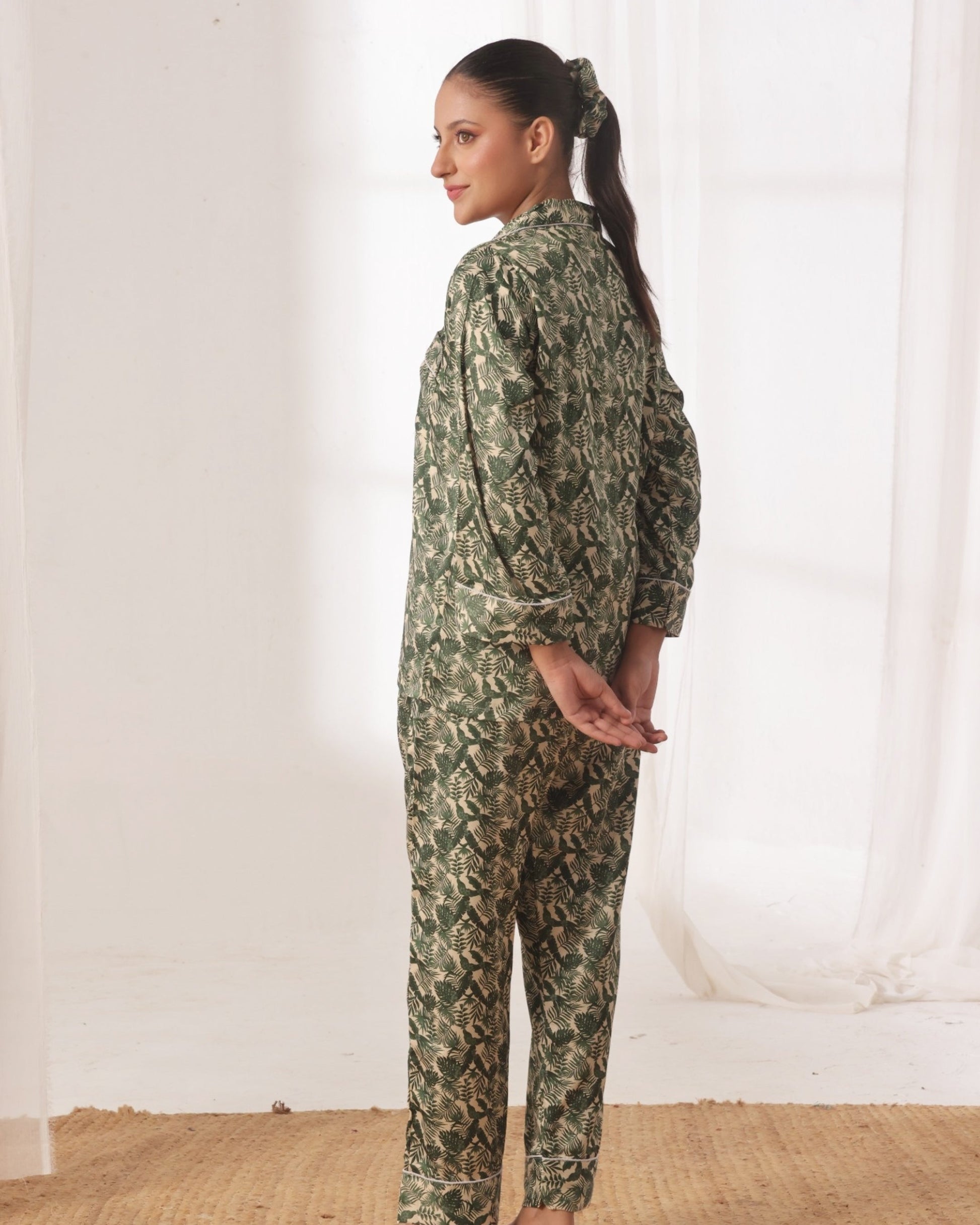 Buy Sajiero Silk Pajama Suit with Scrunchie - Leaf Lounge in Pakistan