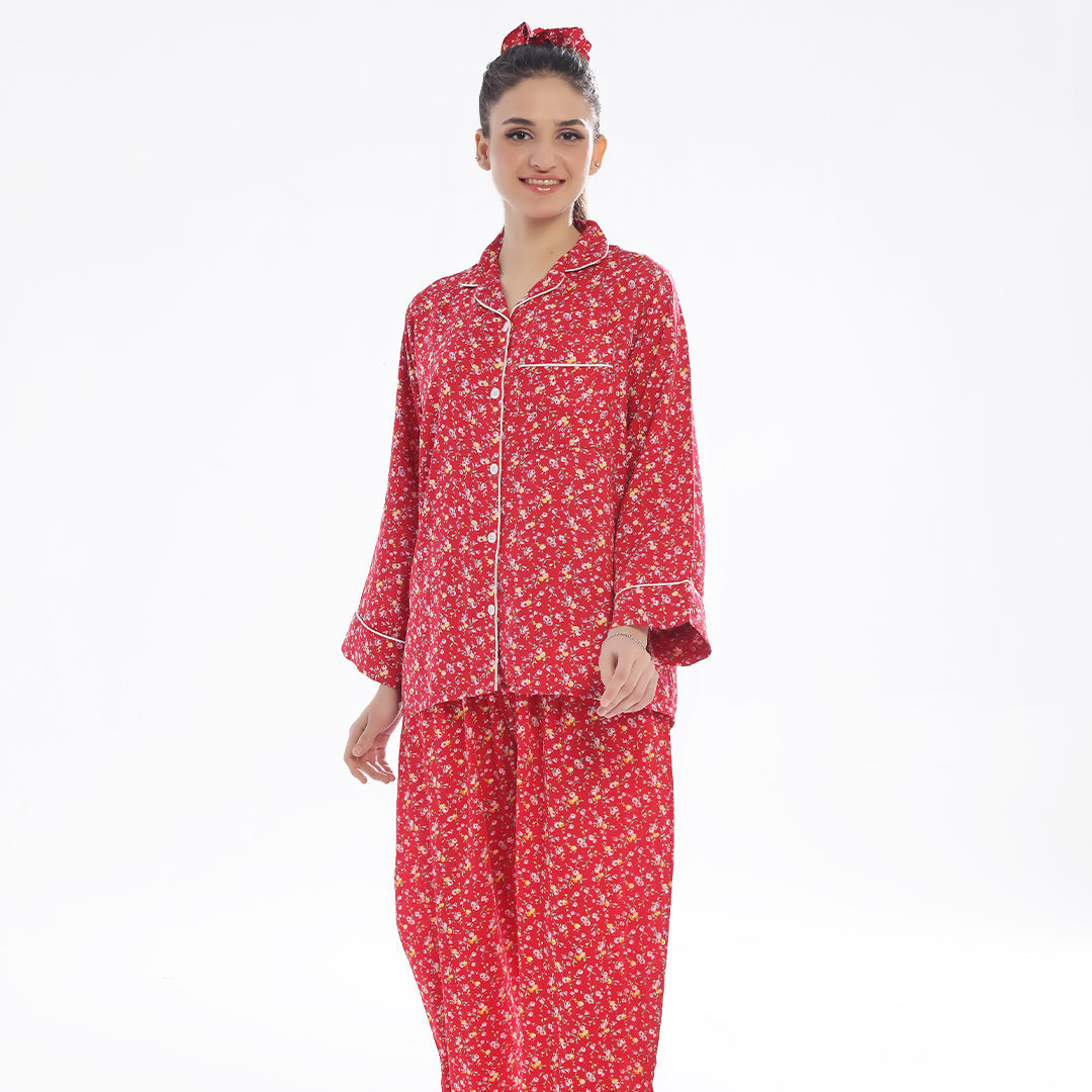 Buy Sajiero French Red Flowers Linen Pajama Suit with Scrunchie in Pakistan