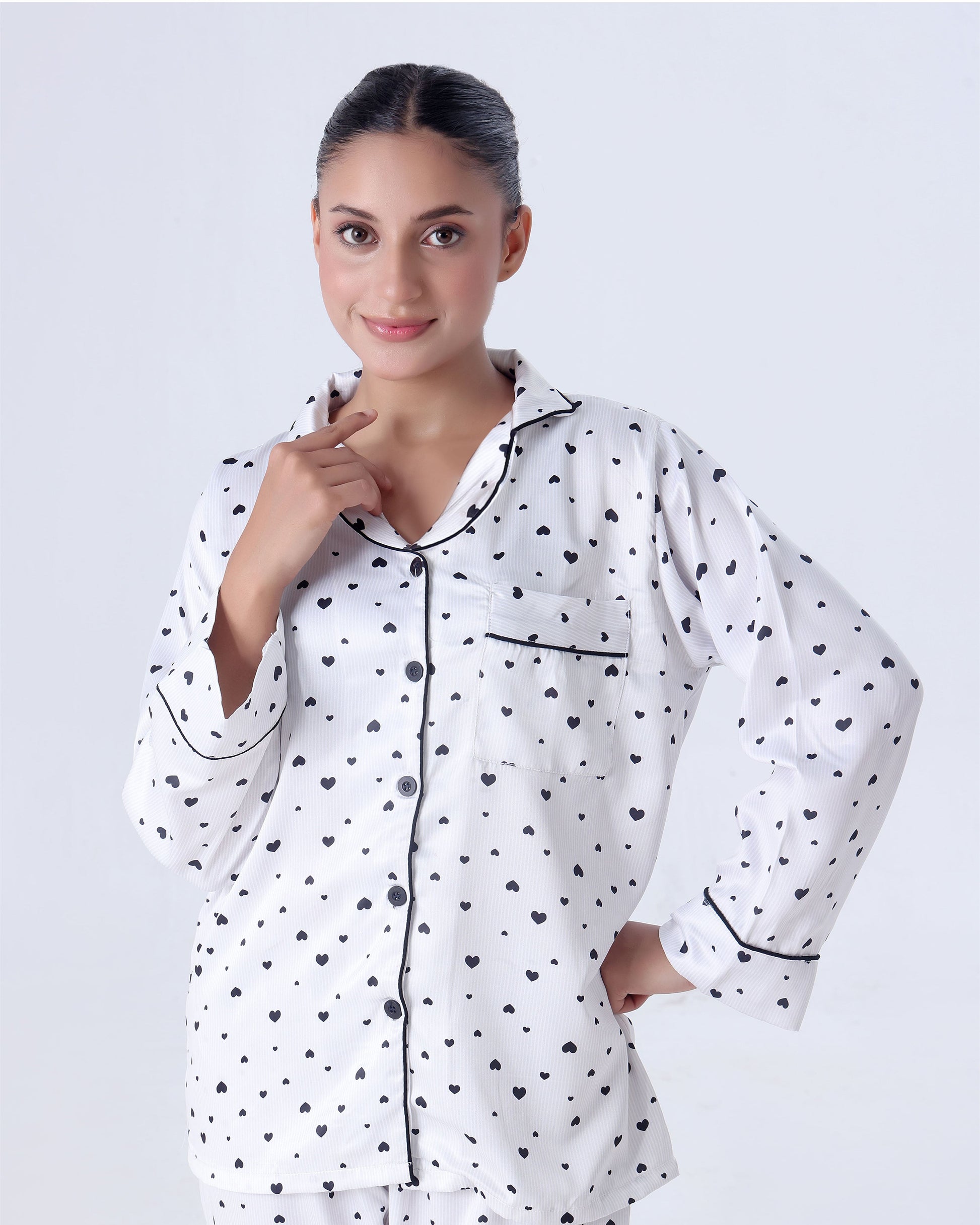 Buy Sajiero Silk Pajama Suit with Scrunchie - Black Hearts in Pakistan